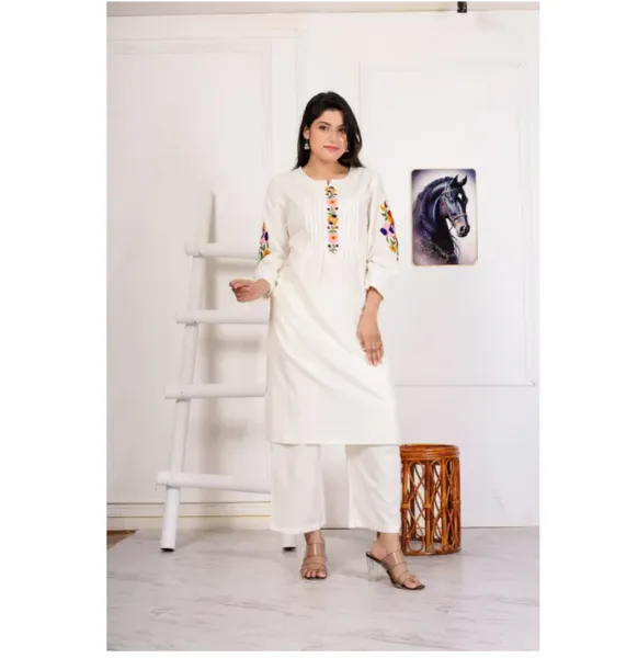 Bisesh Creation Cream Handwoven Embroidery Kurti Pant Set For Women